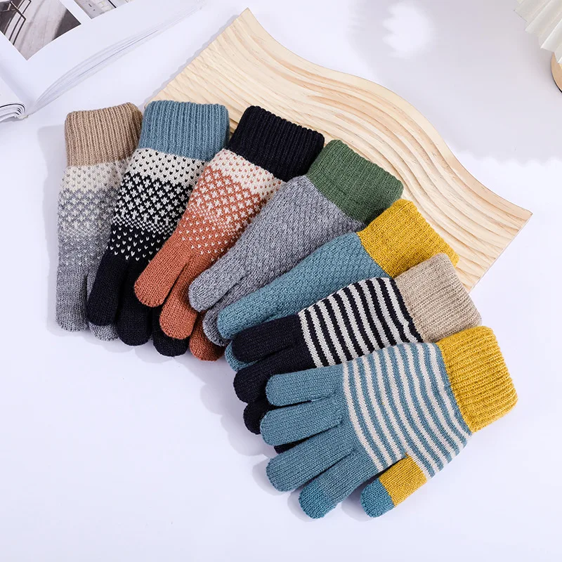 Autumn Winter Touch Screen Gloves Vintage Checked Students Fashion Warm Knitted Thick Gloves