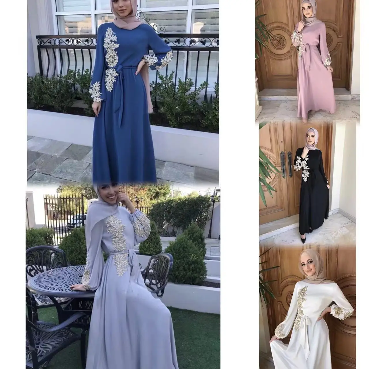 Dubai Women Muslim Dress tailored solid color pleated chiffon Islamic moderate dress with belt long sleeve Abaya