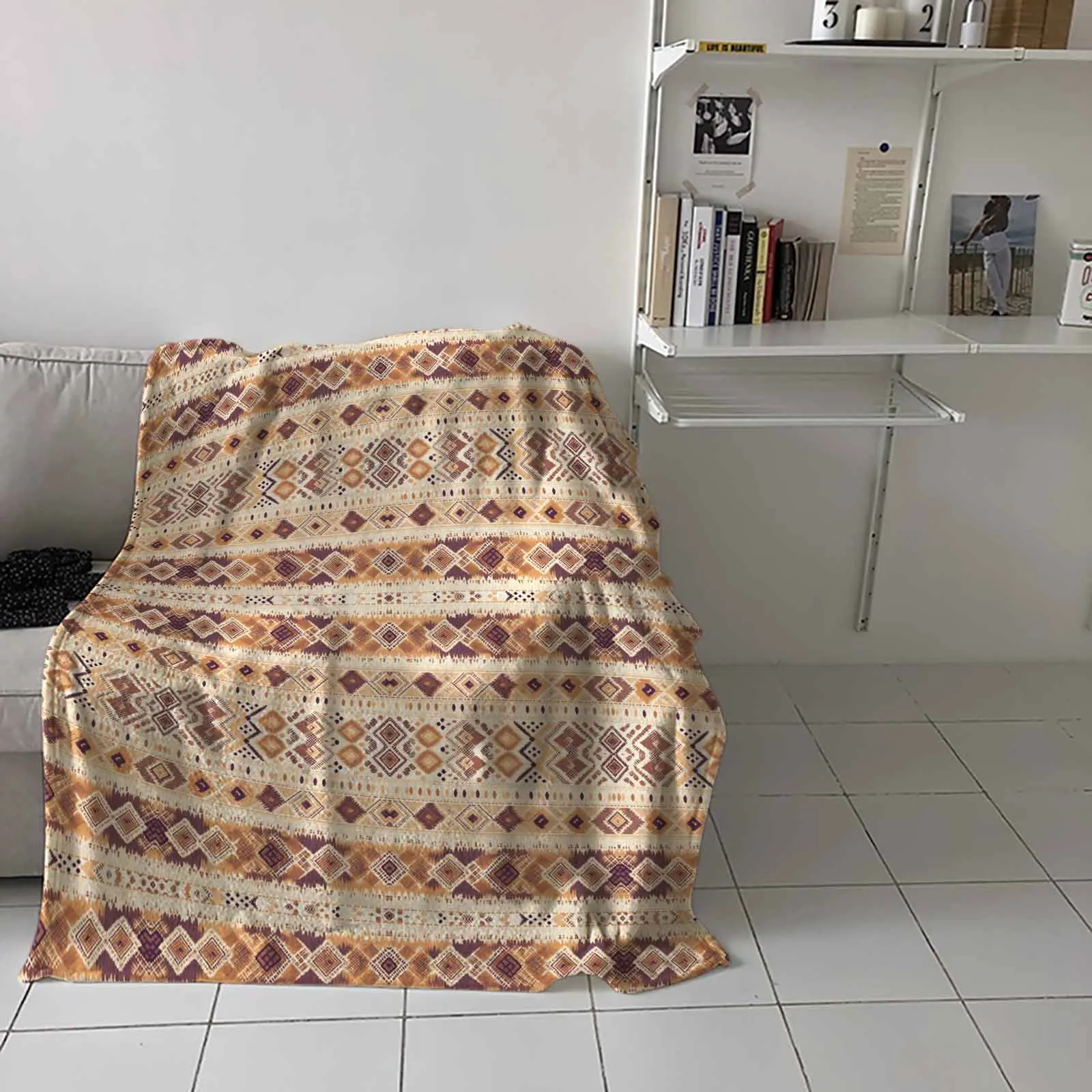 Beige Southwestern Native Tribal American Geometric Vintage Flannel Soft Blanket Cover for Couch Chair Bed Outdoor Travel
