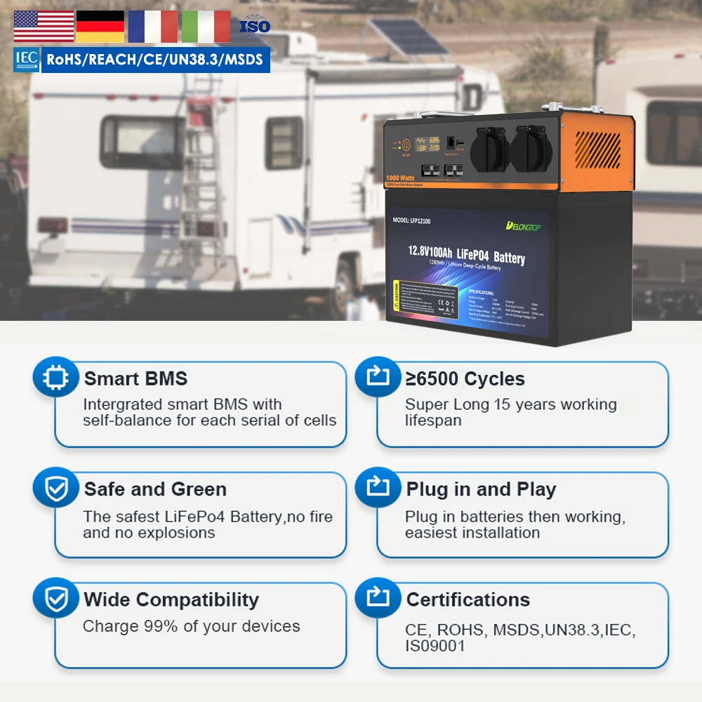 All in one Home Power Backup 12V 100ah 150ah 170ah Lithium Lifepo4 Battery with 1000W Solar Inverter Pv Port