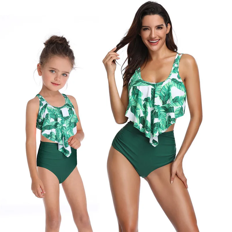
Printed high-waist bikini ruffle parent-child swimsuit new girl kids bikini 
