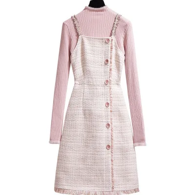 New arrival tweed Wool dress women 2 piece set winter dress elegant ladies knitted sweater set A-line short dress outfits