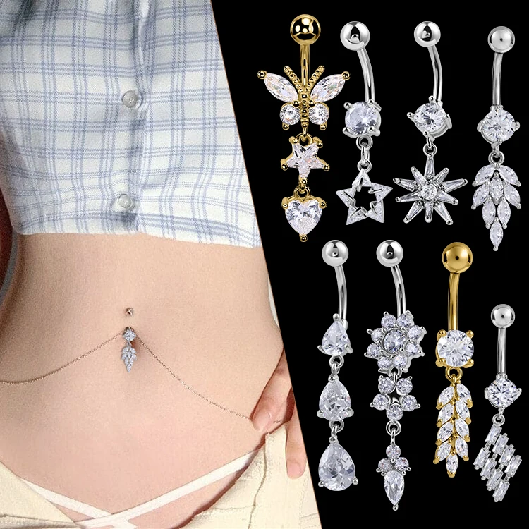 Summer Sexy Gold Silver Belly Piercing Navel Piercing Rings Flower Dangle Cz Zircon Butterfly Belly Button Ring