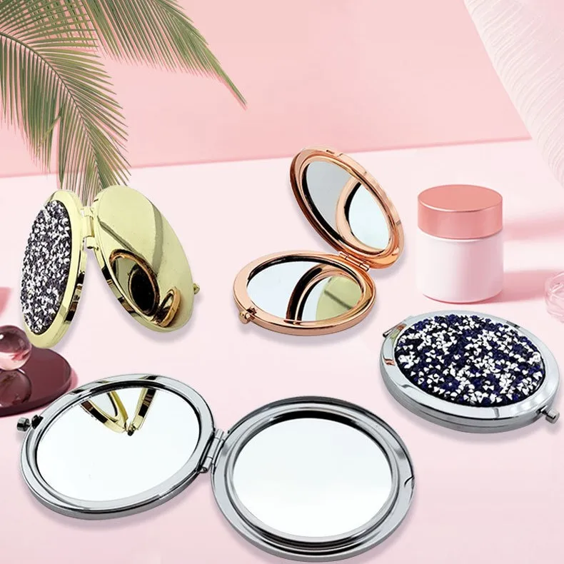 Crystal Diamond Round double-sided mirror Portable Mini Pocket Mirror 70 Button Gold rose gold Silver small mirror
