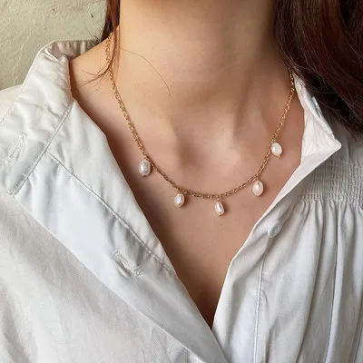 Korean Style 18K Gold Plated S925 Silver Pearl Pendant Necklaces Sterling Silver Link Chain Irregular Pearl Necklace For Mother
