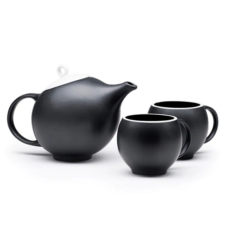 Japanese coffee cup set black matte ceramic tea set wholesale custom designer teapot set with 2 pcs cups