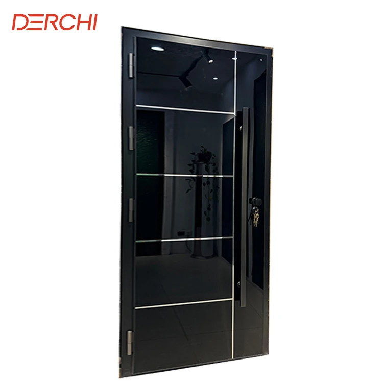 DERCHI USA Modern Residential Entry Front Door With Glass Panels Black Steel Cast Aluminium Main Entrance Pivot Door Entrance