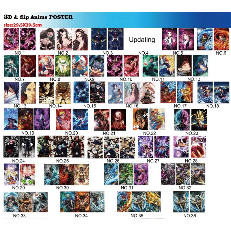 259 Design Popular Classic Anime Demon Slayer Dragonball Narutos One Pieces 3D Poster Motion Raster Wall Door Decorative Art