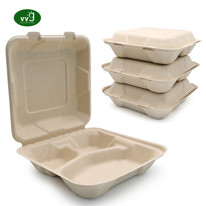 VVG no added pfas bagasse clamshell box 8/9 inch microwavable 3 compartment disposable sugarcane square food container