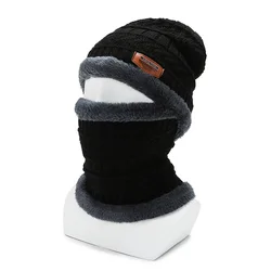 Factory Wholesale Winter Knitted Hat And Scarf Set Fleece Lining Slouchy Beanie Bonnet With SONG TING Leather Patch