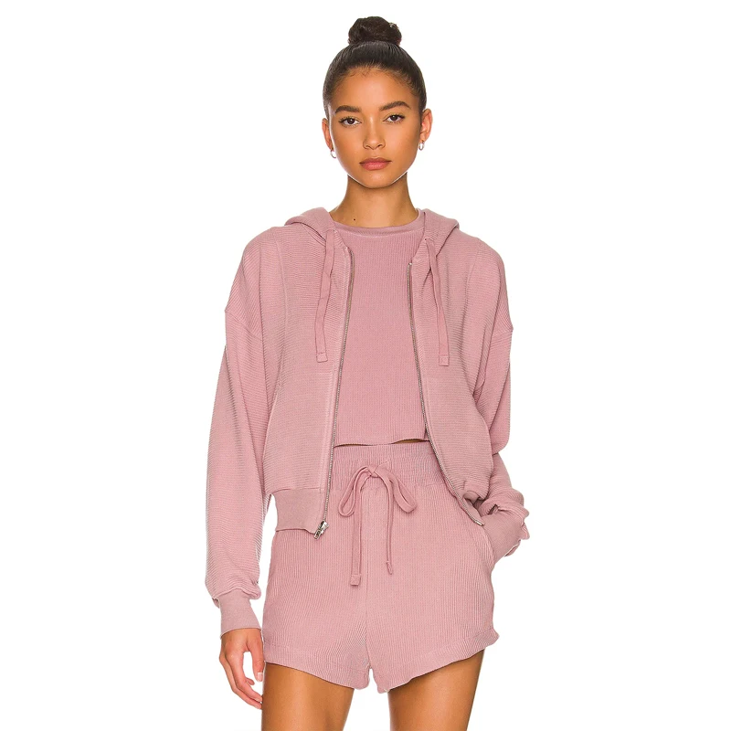 New fashion womens contracted leisure vintage long sleeve hoodie Shorts three piece suit