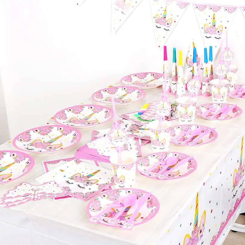 Hot sale hot pink unicorn children birthday party banner pull flag paper cup snack tray unicorn party decorations