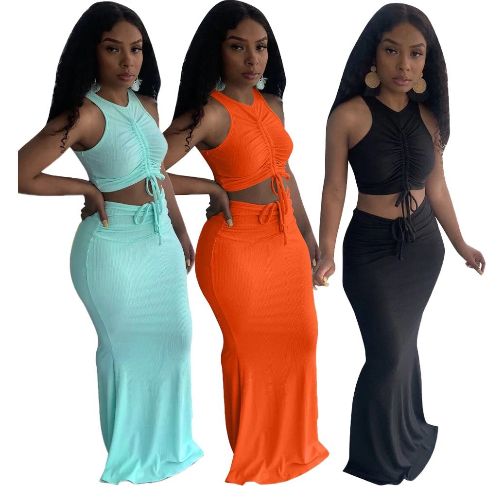 Pit stripe pleated mopping two piece sleeveless crop top and skirt long