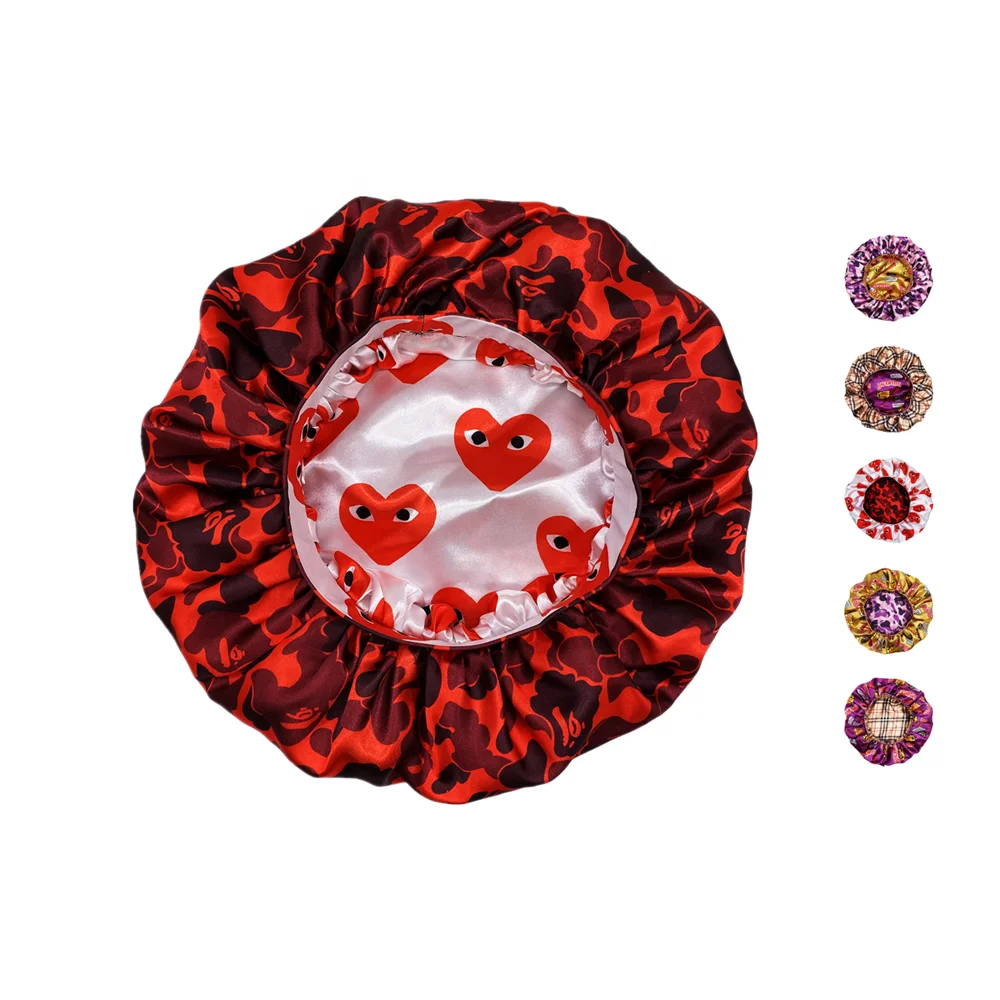 Двусторонняя двухслойная шелковая шапочка для душа с индивидуальным принтом популярная шапочка для ночного сна дизайнерская атласная большая шапочка для женщин