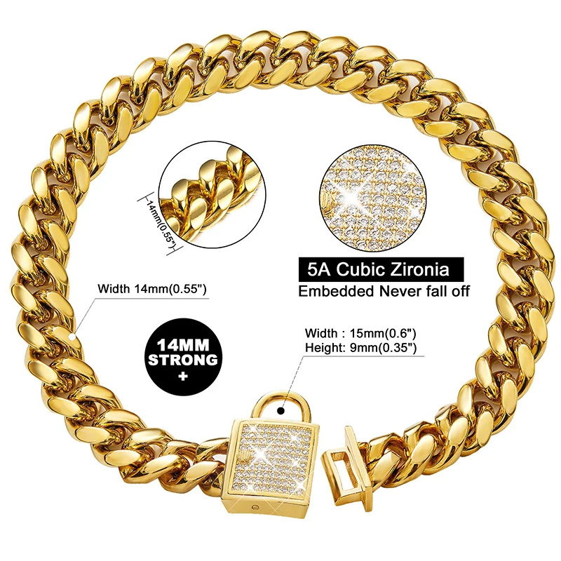 Cuban Link Dog Collar Designer rose Gold Chain Collar with Zirconia Locking 14mm Metal Puppy Collar Luxury Dog Bling Necklace