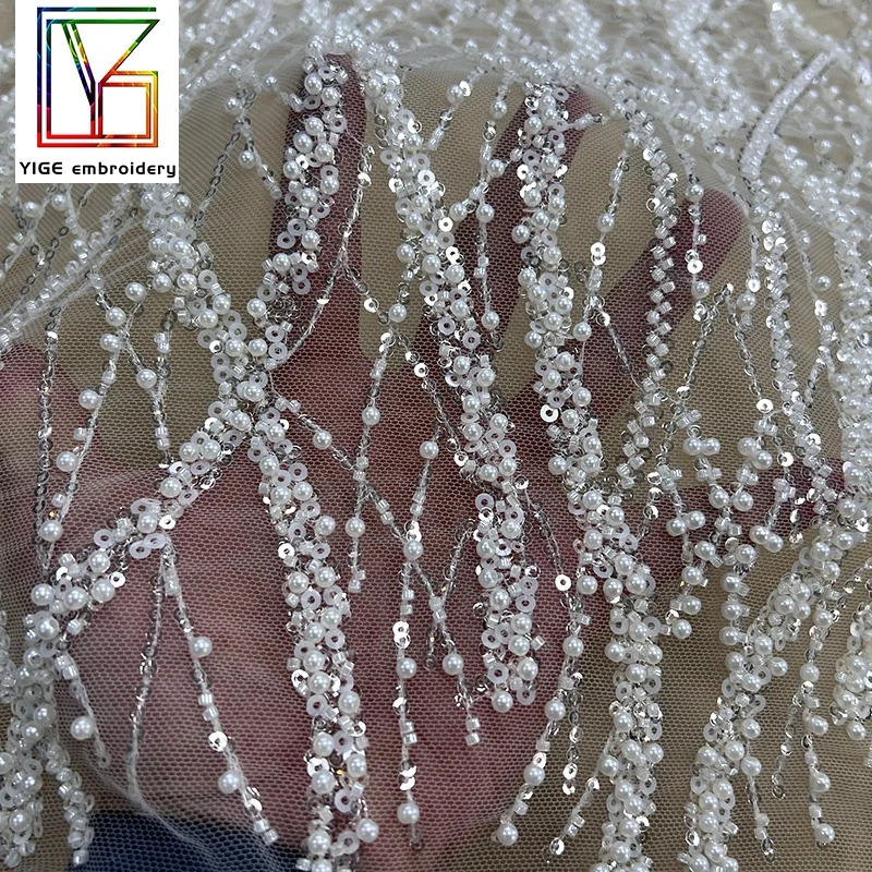 french beaded lace fabric White Bridal Net Laces dubai pearl bead sequins bridal embroidered tulle lace fabric for wedding dress