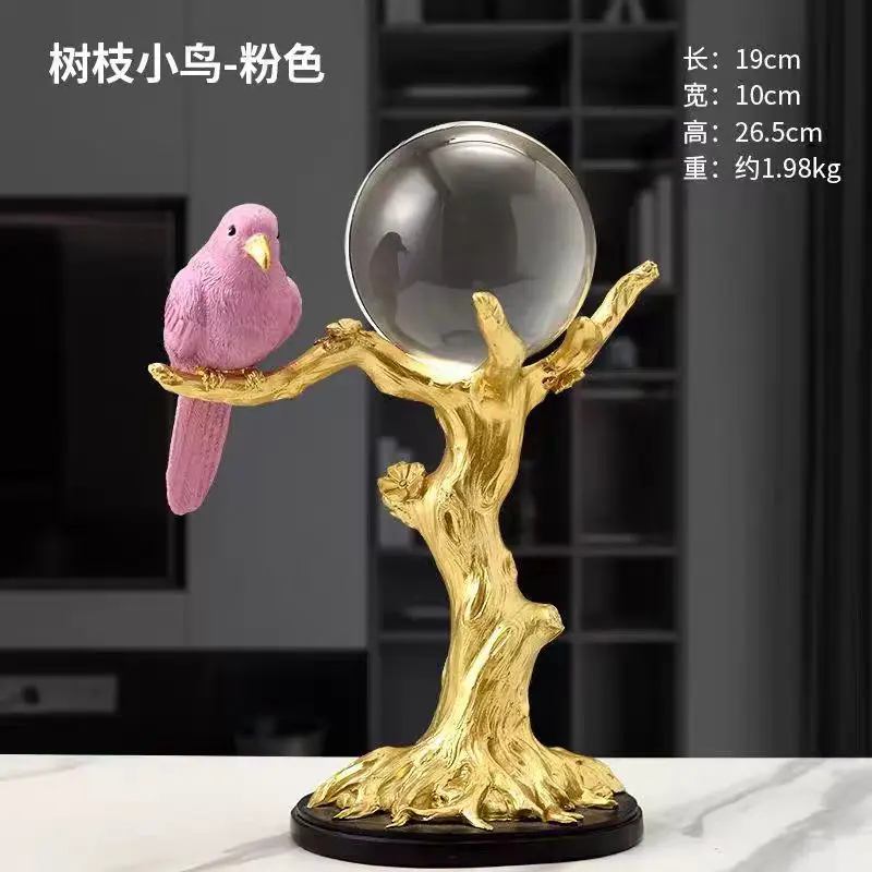 Nordic Style Light Luxury Resin Bird Golden Tree Creative Crystal Ball Home Decoration for Living Room Office Table Craft Use