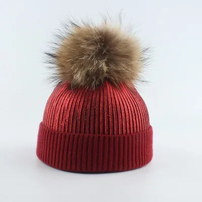 Newest winter hat mommy and me warm chunky knit hat crochet family matching beanie cap with real fur pompom