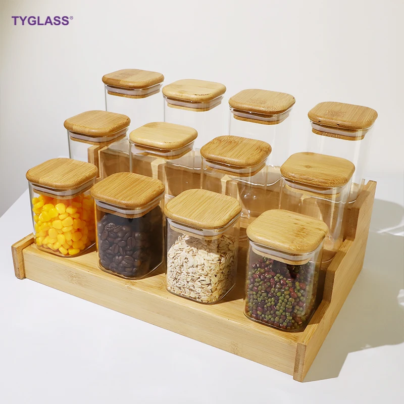 Hot sale kitchen storage accessories set Square Shape Borosilicate glass spice storage containers jar with lids for food storage