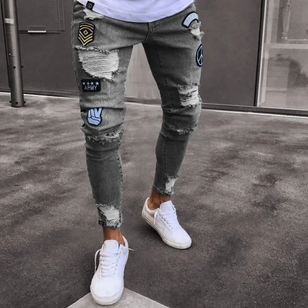 Wholesale Stylish Patchwork Design Ripped Skinny Distressed Denim Jeans For Men With Pattern