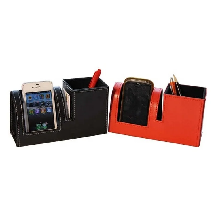 LG-B042 leather handmade customized logo pen cup pencil holder with phone stand sundries storage desktop organizer
