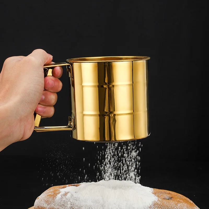 Kitchen Gadget Baking Sieve Strainer Hand-pressed Semi-automatic Cup Flour Sifter Stainless Steel Flour Sieve