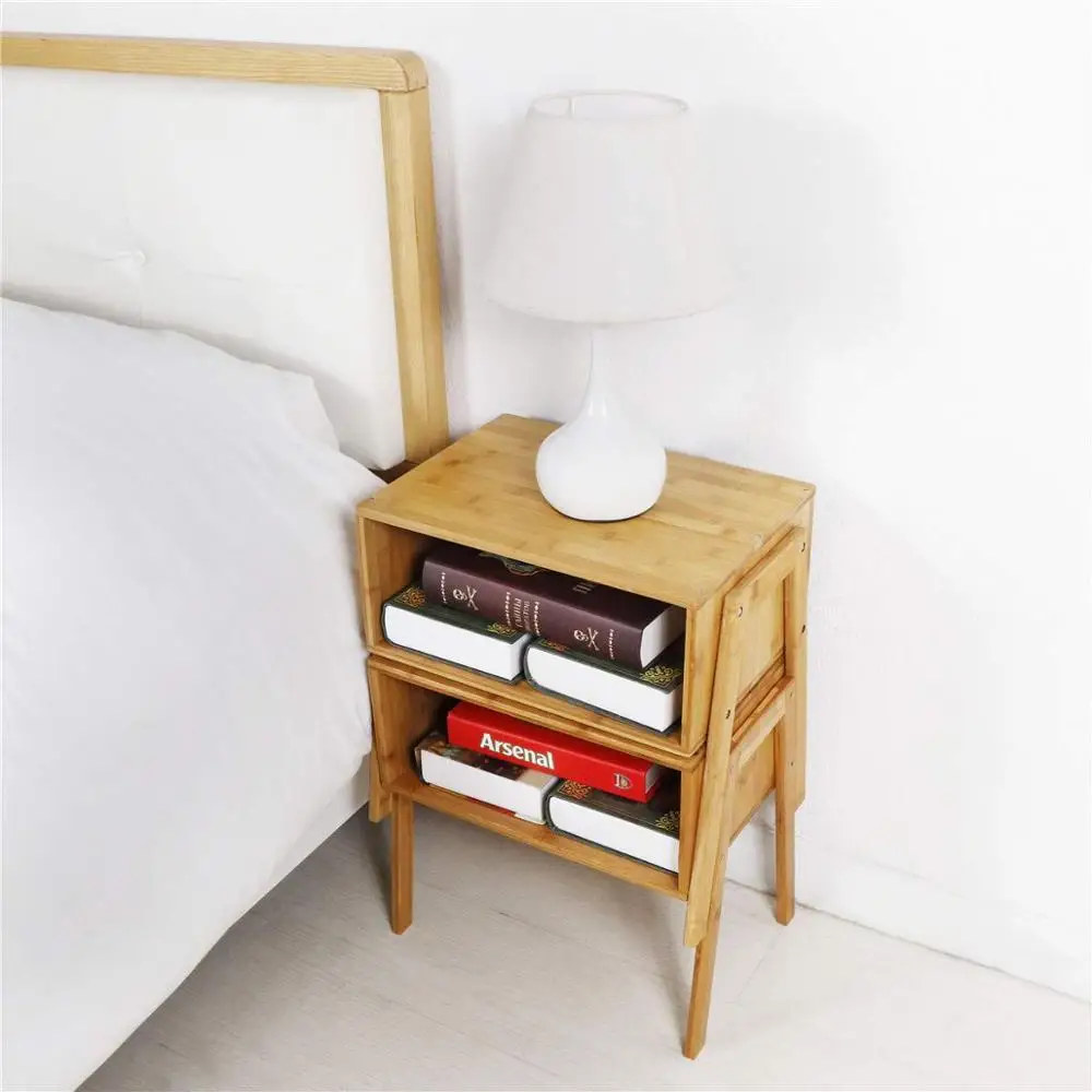  Set of 2 Luxury wooden stackable end table side nightstand bamboo