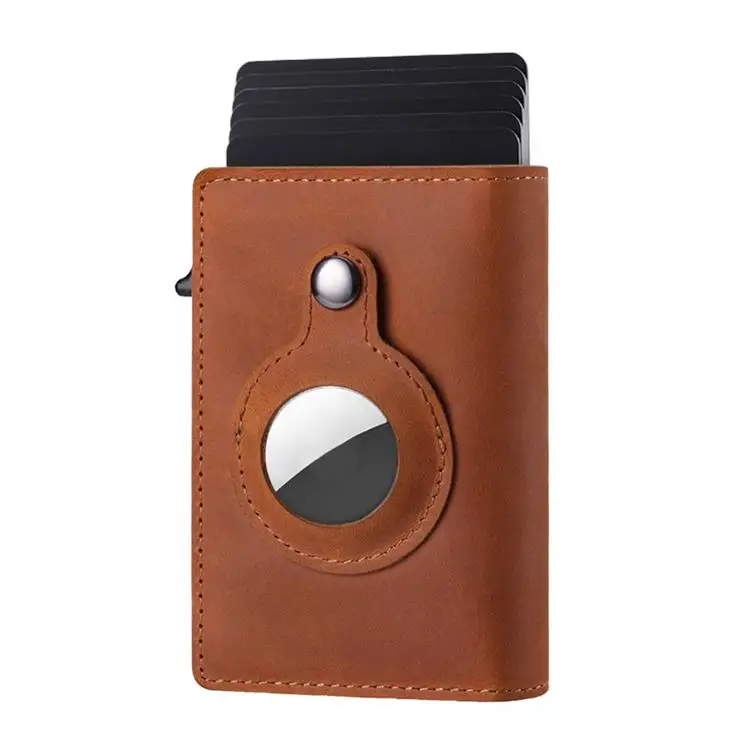 New side pushing pop up Airtag Wallet Real Leather Air Tag Card holder Wallet Anti-Theft Men case Wallet