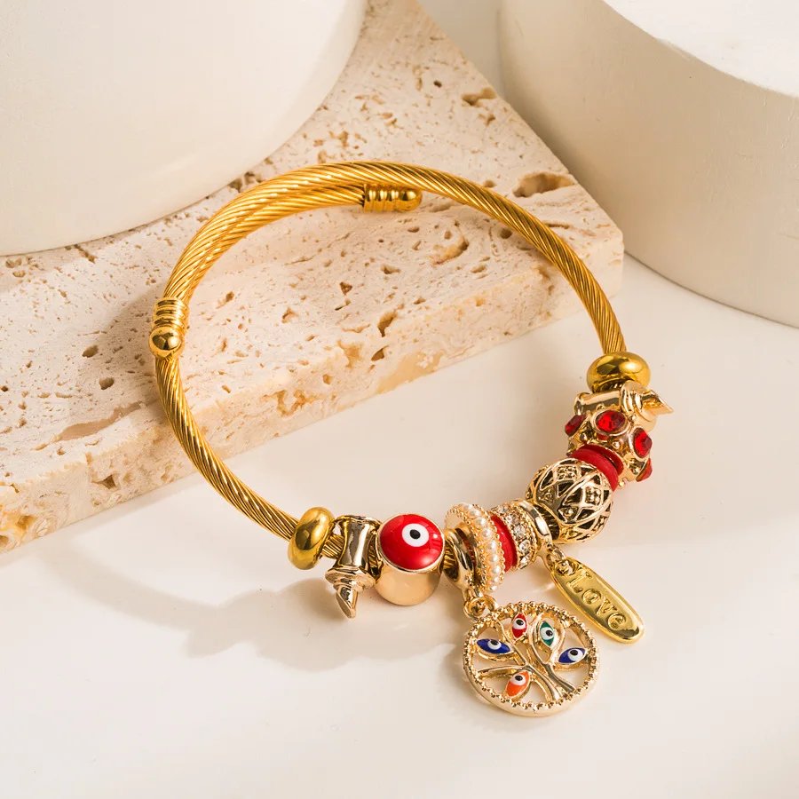 New 18K Gold Plated Cz Colorful Beady Enamel Devil Eye Tree Pendant Bracelet Multicolour Oil Dripping Evil Eyes Pendant Bangle