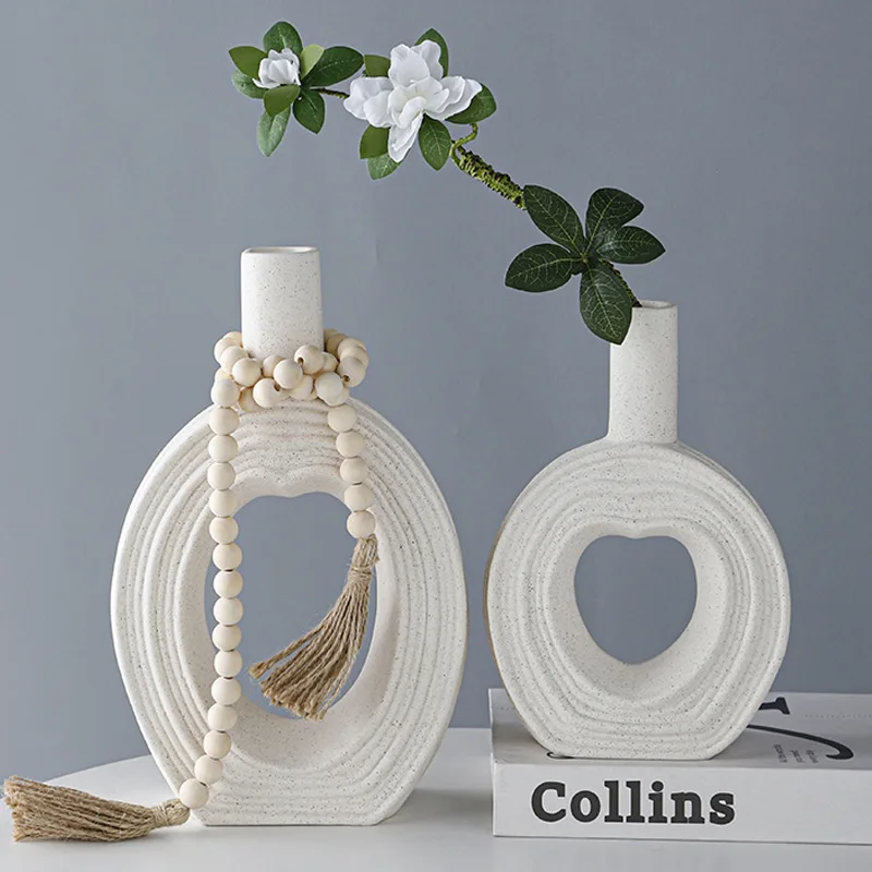 Home Trendy Nordic Minimalist Ceramic Vase Dry Flower White Ceramic Circle Vase For Home Decor