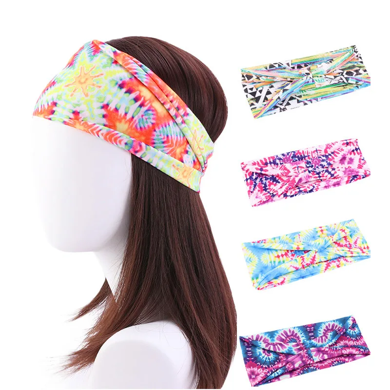 Wholesale 2023 New Ladies Tie Dye Sports Headband Yoga Headband Sweat Absorbent Bandana Custom Printed Turban Headwear