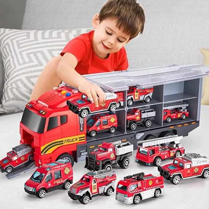 Die-cast Emergency Fire Rescue Vehicle Transport Car Toy Set w/Play Mat, Alloy Metal Fire Truck Toys Set