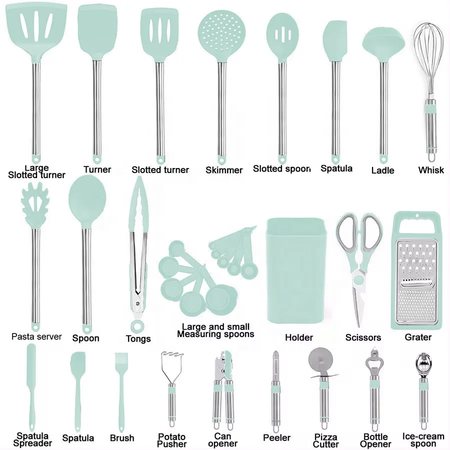 TOALLWIN kitchen tools gadget accessories silicone kitchen cooking utensils set stainless steel kitchen utensils set with  stand