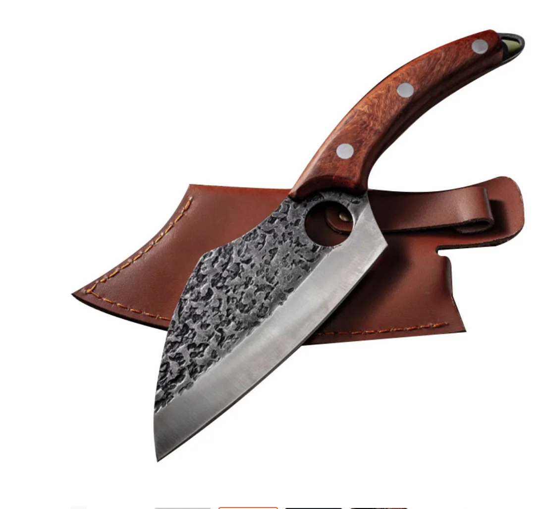 High Carbon Steel japanese  professional bone sawing chopping knife with hammered blade and PU leather case