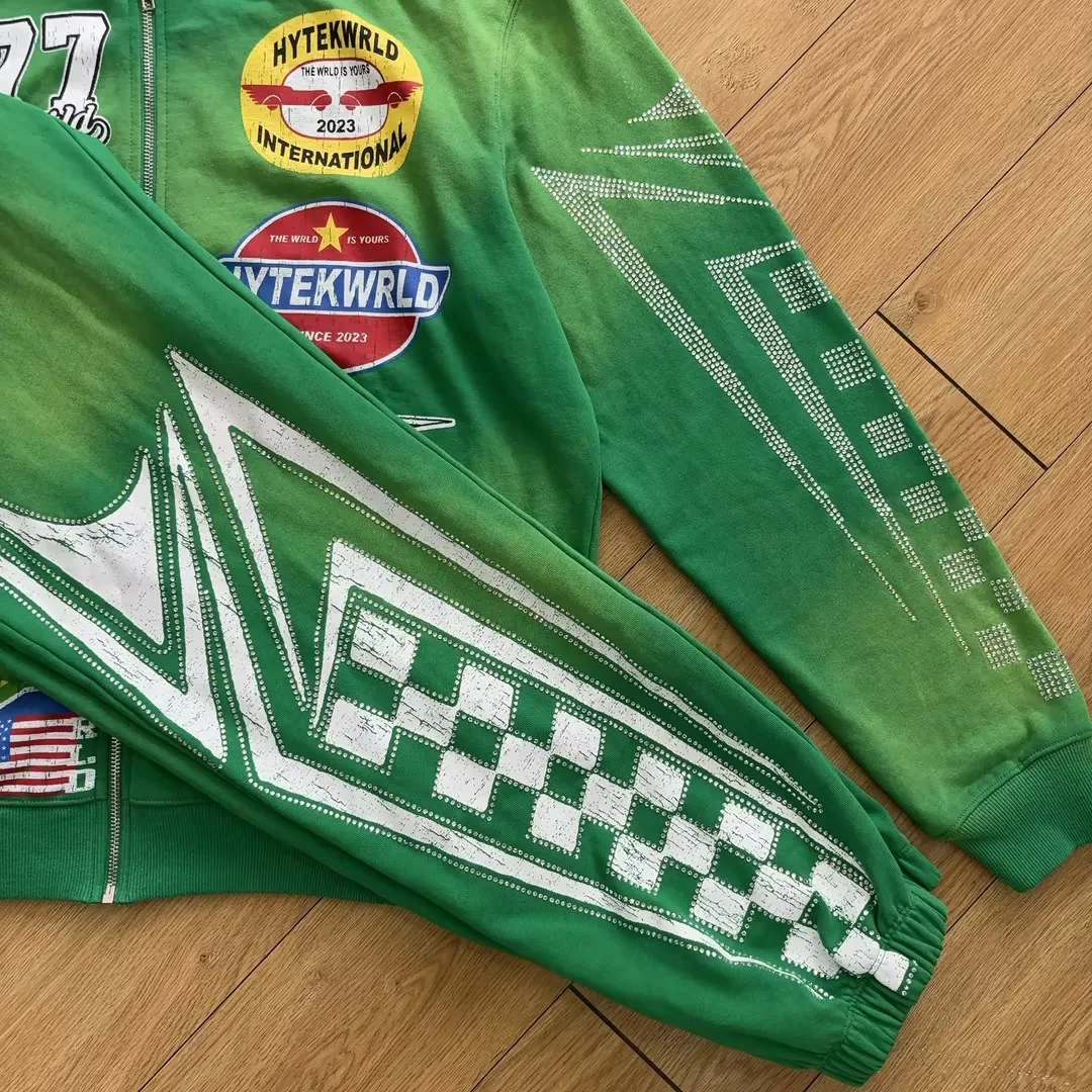 Streetwear Tracksuit Manufacturer French Terry Sweatsuit Custom Sweatpants And Hoodie Set Acid Wash Rhinestone Tracksuit For Men