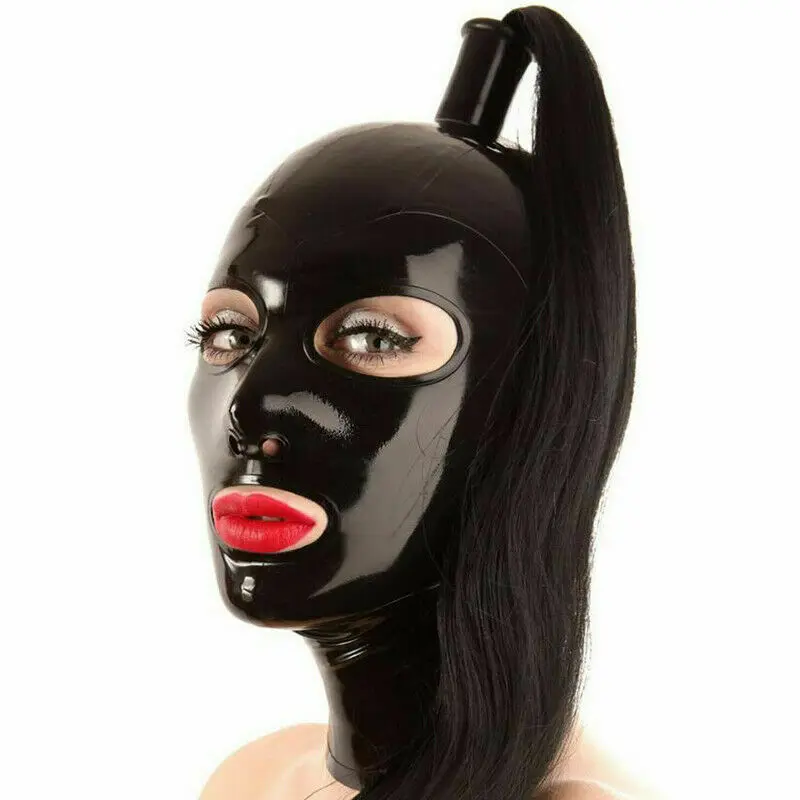 Black Latex Hood with Black Ponytail Wig Back Zipper Rubber Mask Cosplay Party Wear Costume Clubwear