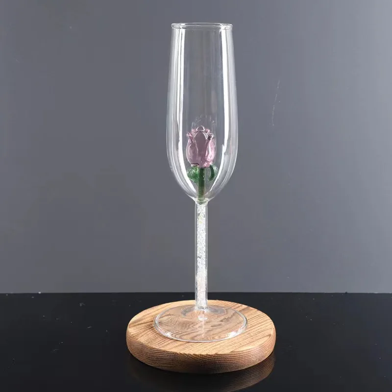 Luxury Champagne Flutes Hand Blown Glass Goblet Crystal Diamond Stems Red Wine Cups with 3D Rose  Shape Cups Wine Glasses Gift