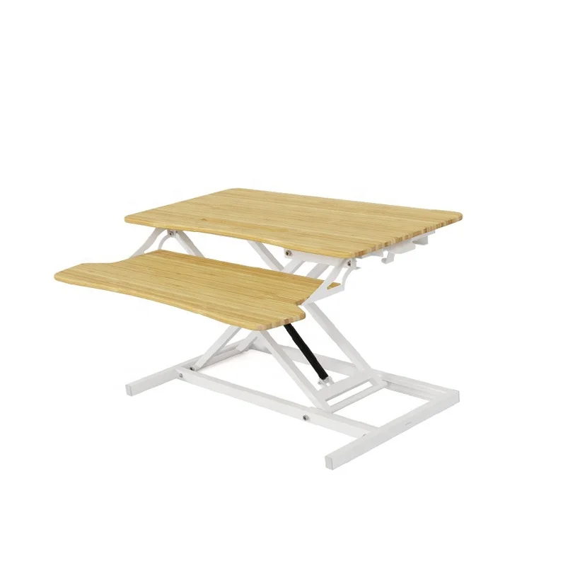 Height Adjustable Home Office Bamboo Desk Sit Stand Computer Monitor Riser Workstation with Keyboard Tray