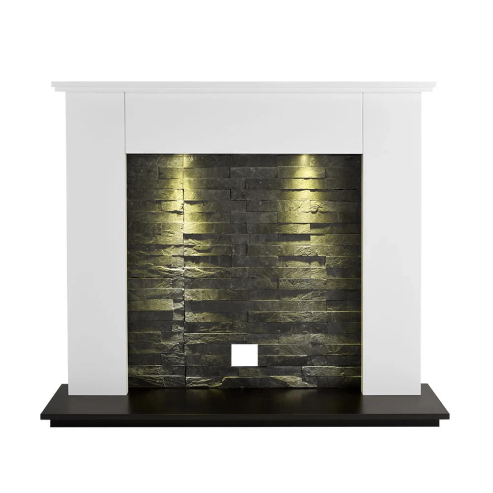 New Design Custom LOGO Remote Interior Luxury Natural Stone Faux Decoration High Fireplace Mantel Modern With Downlight