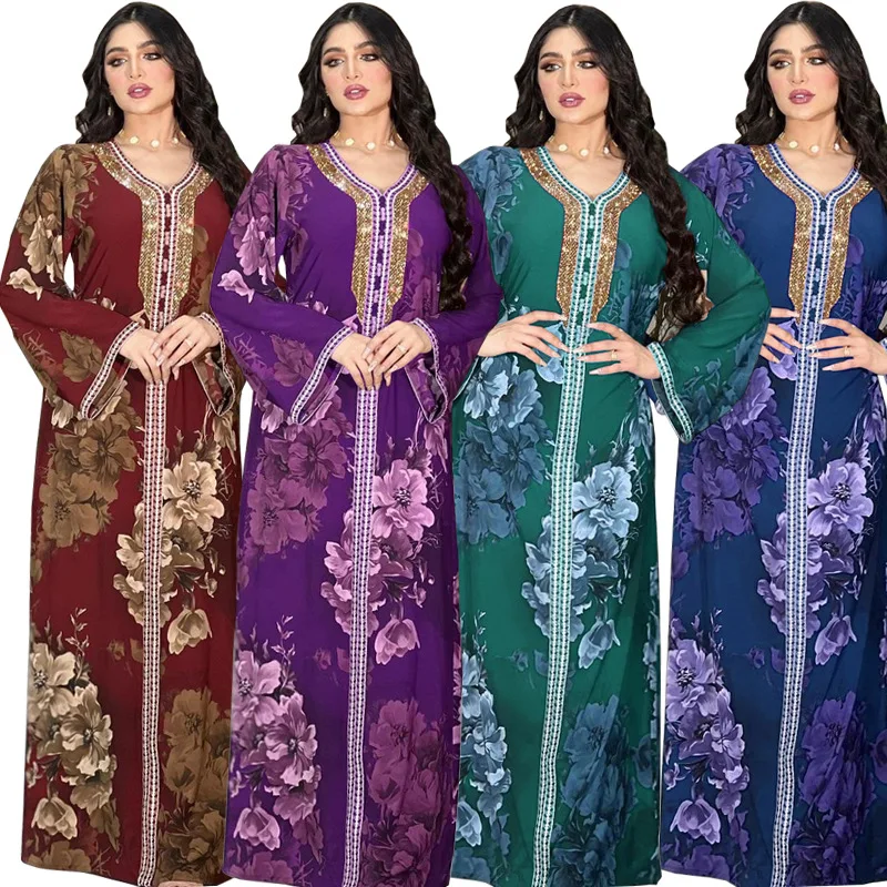 Moroccan Caftan Ramadan Clothes Saudi Floral Printing Women Evening Gown Muslim Jalabiya Maxi Dress