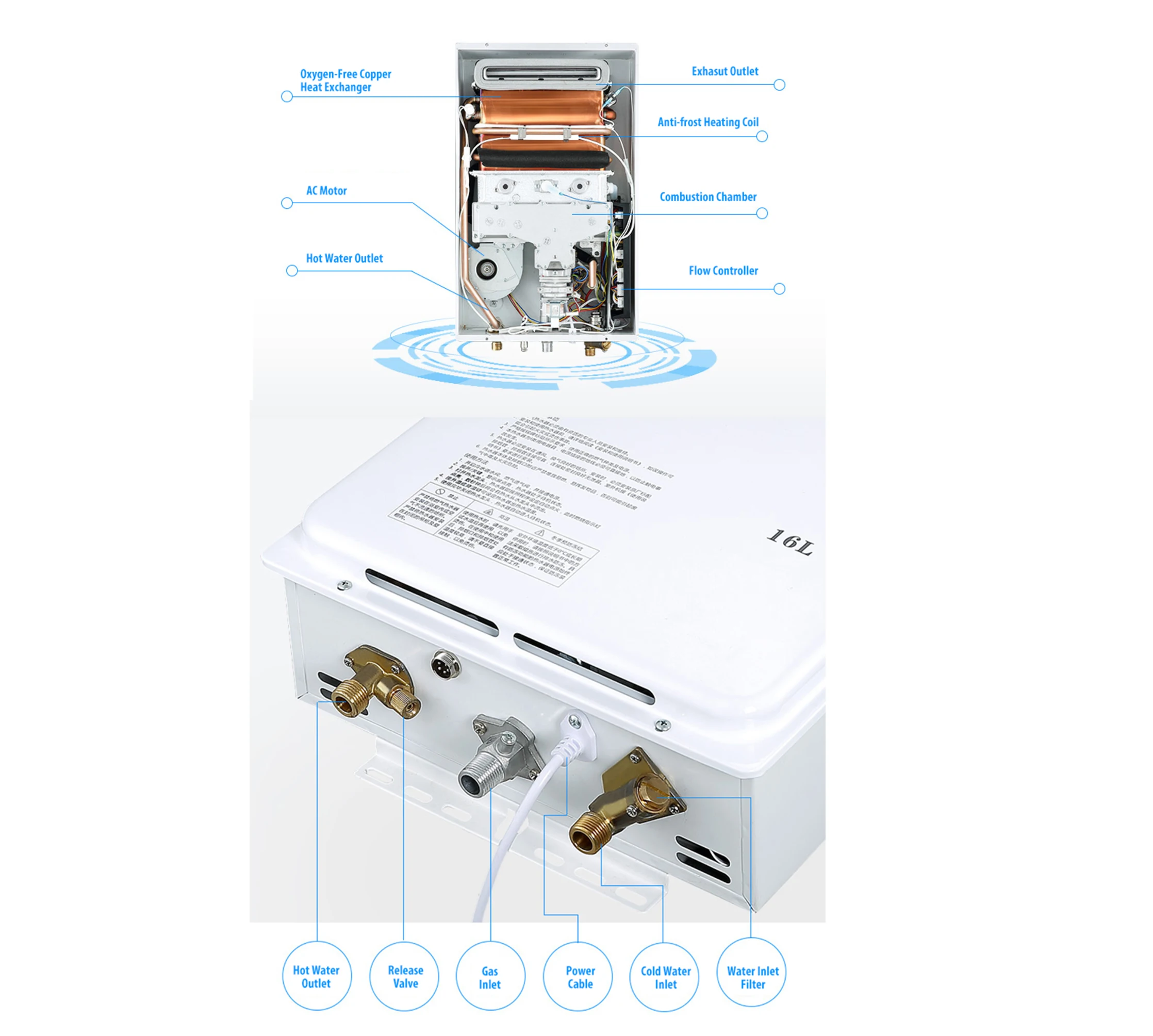 Water flow induction water heater 16L to 22L outdoor gas water heater copper heat converter