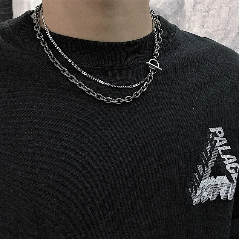 VAF IO Multi Double Layer Dark Silver Necklace Stainless Steel Choker Chain Necklace For Men