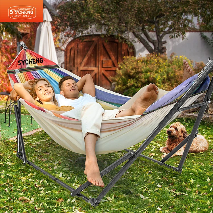 Folding Outdoor Hammock with Stand Large 2 Person Hammock Stand Beach Swing Hanging Hammock Bed