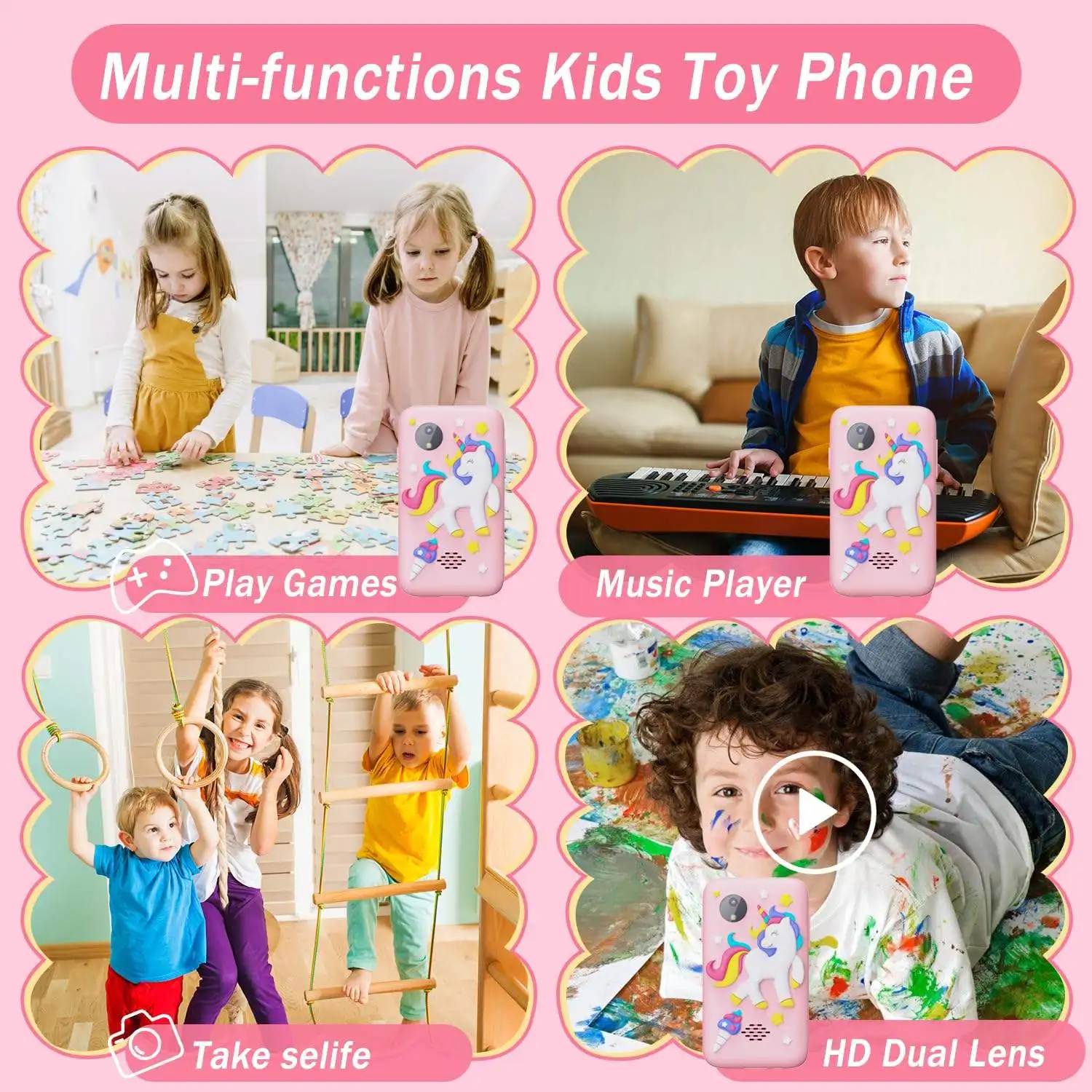 2024 New Children Unicorn  Smart Touch Phone Toy Cross-Mirror Mini Cartoon Digital Phone 2.8 Inch HD Toys Wholesale