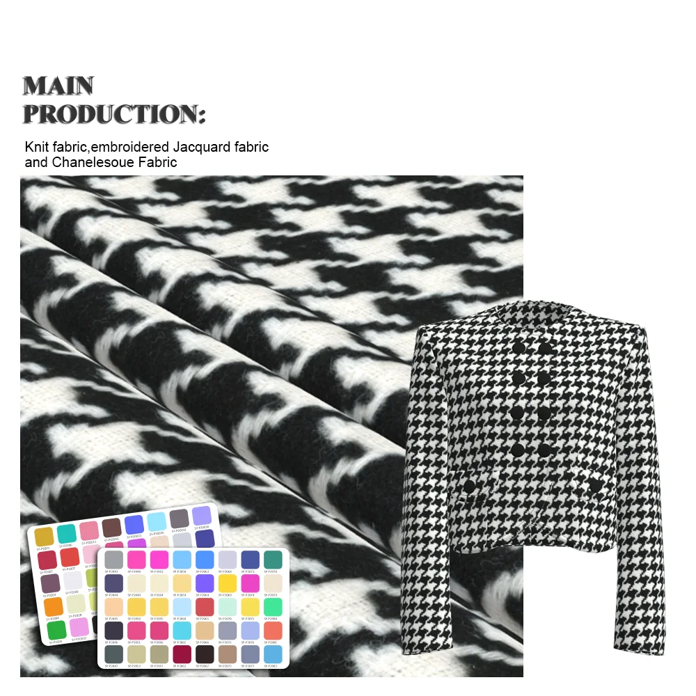 Wholesale Winter Houndstooth Yarn Dyed Woven Polyester Wool Tweed Fabric For Women Coat