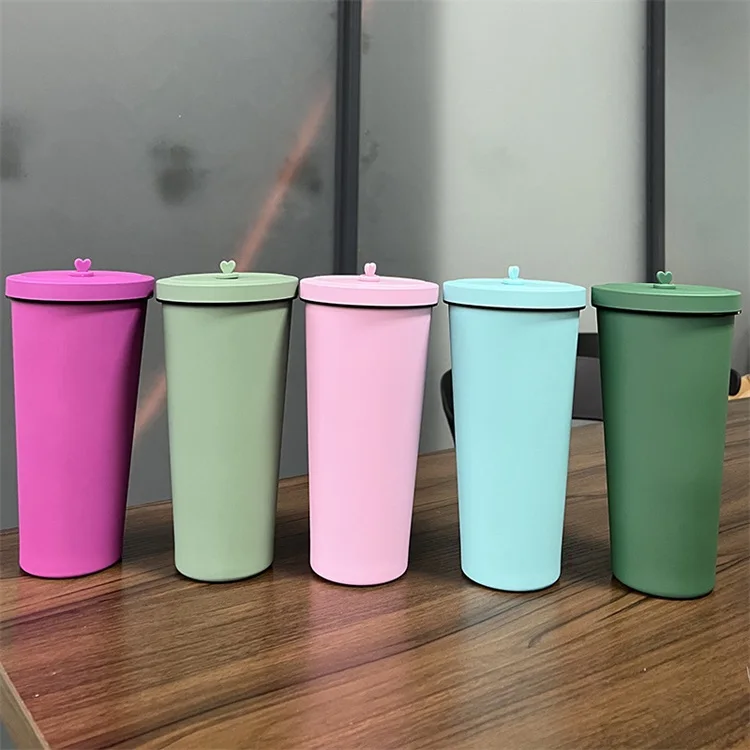 750ml Coffee Mug Custom with Logo Color Rubber Paint Double Wall Vacuum Stainless Steel Travel Car Mug with Metal Straw