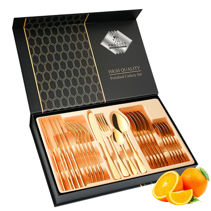 Hot cutlery set stainless steel 24pcs flatware set golden spoon and fork dinnerware set with gift box cubiertos dorados metal