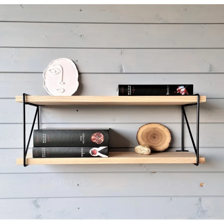 Farmhouse Wall-mounted Organization Wooden Shelf Rack With Black Metal Brackets Plants Display Rack Wall Shelf Floating