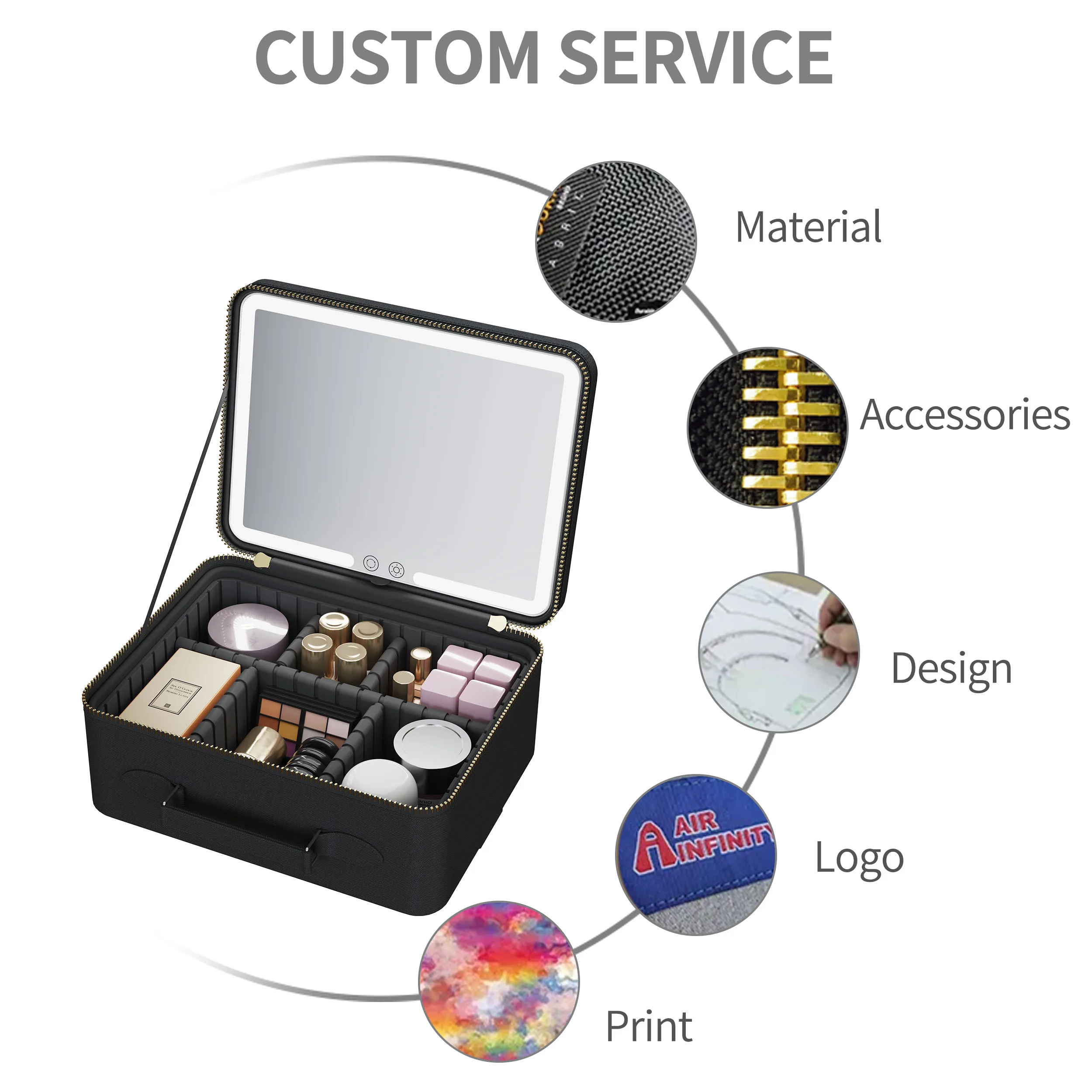 Manufacturers Adjustable Brightness Portable Cosmetic Black Lighted Vanity Travel Makeup Bag Case With Led Light Mirror