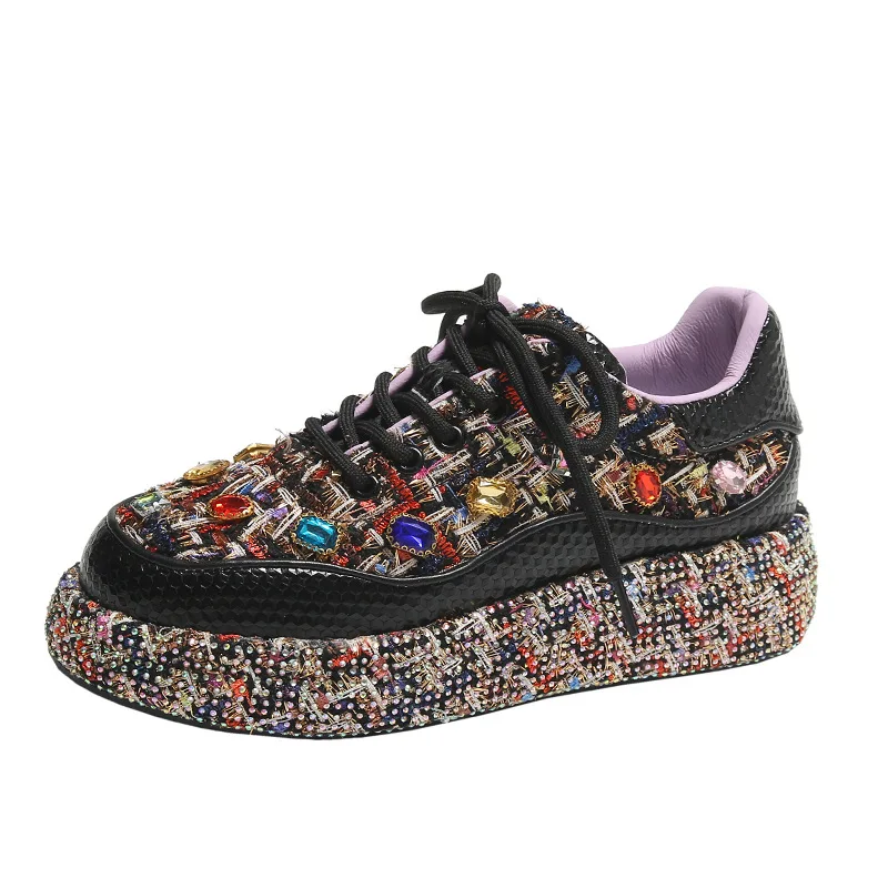 2024 new luxury ladies sequins trainers bling colorful board shoes flower rhinestones casual clunky sneakers for women